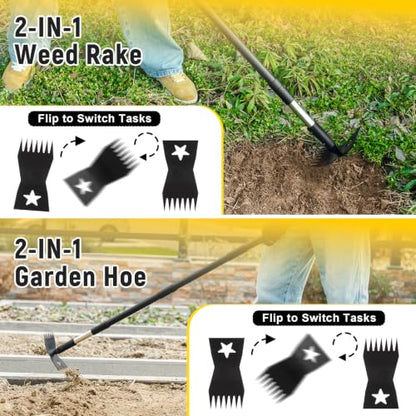 2-in-1 Weed Rake and Garden Hoe, 68" Weed Puller Tool with Long Handle, Manual Weeds Remover, Heavy Duty Stand Up Weeder Uprooting Weeding Pull Tool for Garden Yard Lawn Patio
