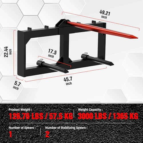 49" Hay Spear Attachment, 3000 LBS Loading Capacity Bale Spears Frame, Heavy-Duty Skid Steer Loader Tractor Attachment with 2 Pcs 17.5" Stabilizer Spears, Quick Attach Spike Forks