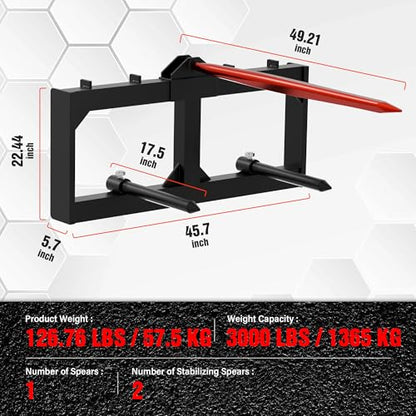 YZONA 49" Hay Spear Attachment, 3000 LBS Loading Capacity Bale Spears Frame, Heavy-Duty Skid Steer Loader Tractor Attachment with 2 Pcs 17.5" Stabilizer Spears, Quick Attach Spike Forks