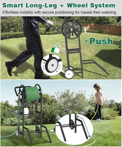 Artigarden Hose Reel Cart with 2 Wheels, Garden Water Hose Holder Heavy Duty Powder Coated Steel Outdoor Winder Storage Holds 125 ft 5/8" Hoses with Basket and 3.9ft Leader Hose for Backyard, Black - color: Black