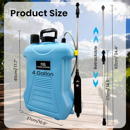4 Gallon (15L) Electric Backpack Sprayer, Battery Powered Garden Sprayer with Telescopic Wand & 4 Nozzles, Rechargeable Agricultural Weed Sprayer for Lawn, Yard & Pest Control