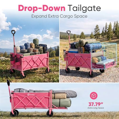 Sekey Collapsible Wagon Cart with Drop-Down Tailgate, 300 lb Capacity - color: Pink