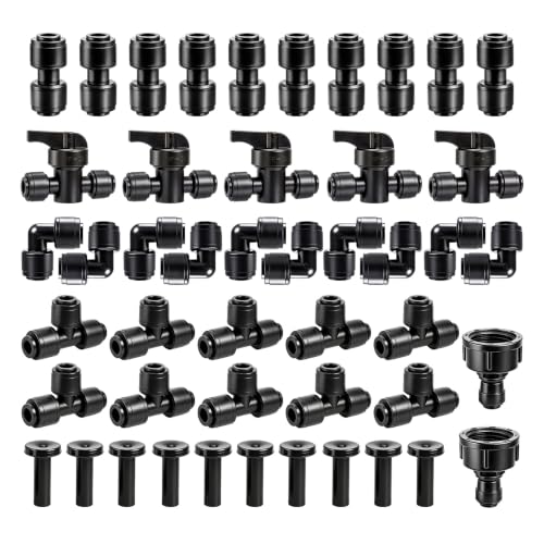 47 Pack Quick Connect 1/4" Drip Irrigation Fittings Kit, 1/4'' Drip Irrigation Tubing Push-to-Fit Connectors Parts- 5 Shut Off Valve, 10 Tees, 10 Couplings, 10 Elbows,10 End Plugs, 2 Faucet Adapters - size: 47PCS 1/4" quick connect fittings