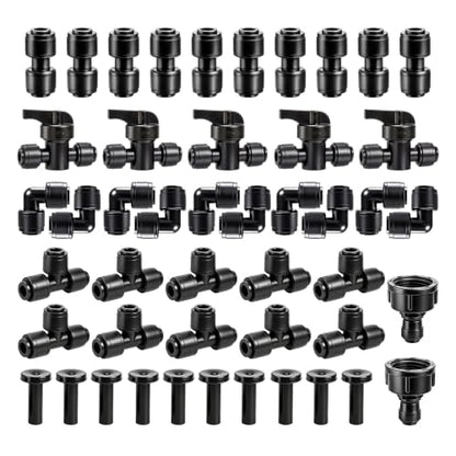 47 Pack Quick Connect 1/4" Drip Irrigation Fittings Kit, 1/4'' Drip Irrigation Tubing Push-to-Fit Connectors Parts- 5 Shut Off Valve, 10 Tees, 10 Couplings, 10 Elbows,10 End Plugs, 2 Faucet Adapters - size: 47PCS 1/4" quick connect fittings
