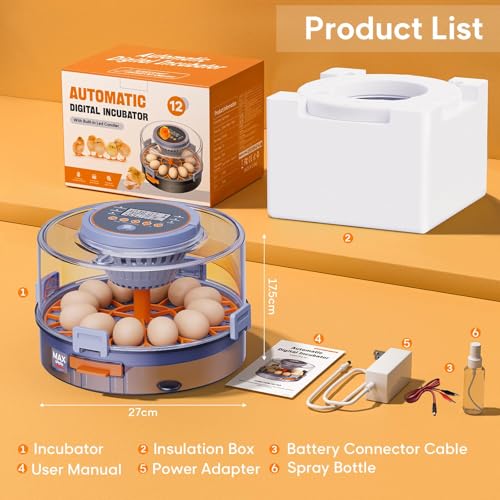 Automatic Egg Incubators for Hatching Eggs, 12 Egg Incubator with Automatic Egg Turning and Humidity Control, Egg Candler, 360° Viewing, Chicken Incubators for Hatching Chick, Duck, Quail, Goose Eggs