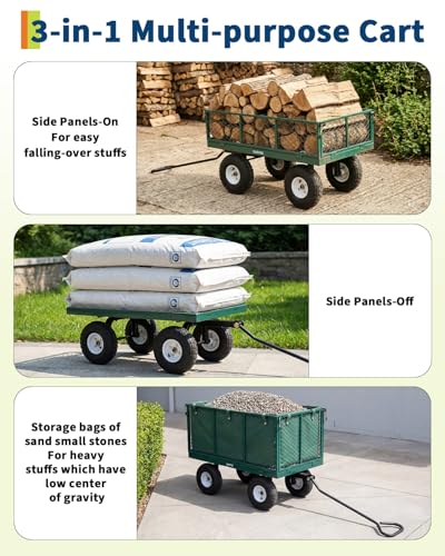 Garvee Versatile Outdoor Utility Cart-800LBS Heavy-Duty, 10" All-Terrain Pneumatic Tires, Easy Maneuverable Lawn Cart with Removable Mesh Panels for Gardening&Landscaping, Green, with Waterproof Liner - color: Green, With Waterproof Liner