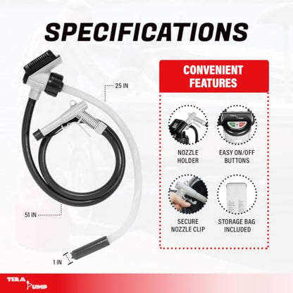 TERA PUMP Cordless Auto-Stop Fuel Transfer Pump, 4 GPM Portable Gas Transfer Pump Compatible with Milwaukee M18 & DeWalt 18V-20V Batteries (Not Included), 51" Rubber Hose, 4 Fuel Can Adapters Included - style: Auto Stop Nozzle