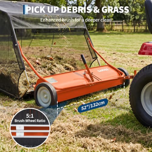 Garvee 52" Lawn Sweeper Tow Behind with 33.55 Cu. ft. Hopper - color: Orange, size: 52 Inch