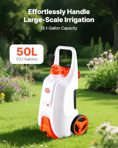 VEVOR 13.1 Gallon Battery Powered Sprayer with Wheels, Adjustable 0-80 PSI, 5 Nozzles and 98ft Hose Included, Orange - size: 13.1 Gal