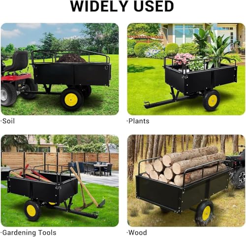 Heavy Duty ATV Trailer Steel Dump Cart, 750 Lbs 15 Cubic Feet Tow Behind Steel Dump Cart, Garden Utility Trailer Yard Trailers with Removable Sides for Riding Lawn Mower Tractor - color: Yellow