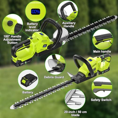 Hedge Trimmer Cordless, 20-Inch for Bushes, 2 Batteries, Lightweight Design