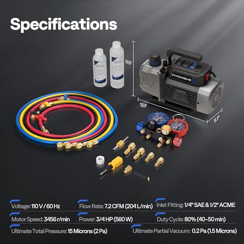 VIVOHOME A2L 3/4 HP 7.2CFM 2 Stage AC Vacuum Pump and Manifold Gauge Set - size: 7.2 CFM