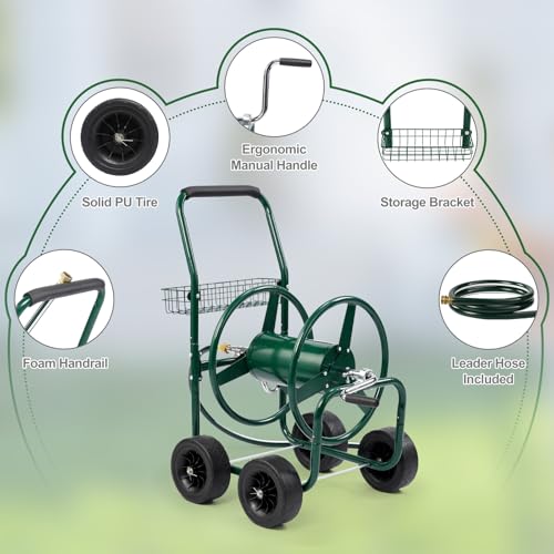 VINGLI 300FT 5/8in Garden Hose Reel Cart, 4-Wheel Portable Residential Hose Reel Cart, Hose Guide System with Storage Basket, Rust Resistant, for Family Yard, Garden and Farm (Green) - color: Green