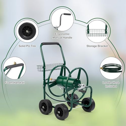 VINGLI 300FT 5/8in Garden Hose Reel Cart, 4-Wheel Portable Residential Hose Reel Cart, Hose Guide System with Storage Basket, Rust Resistant, for Family Yard, Garden and Farm (Green) - color: Green