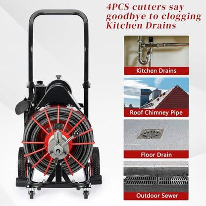 Winado Drain Cleaner Machine, 100 ft x 1/2 in Sewer Auger for 1-4 in Pipes