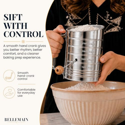 Bellemain Stainless Steel Flour Sifter for Baking with Hand Crank - 5 Cup - size: 5 Cup