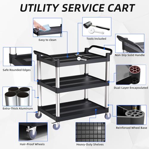 Utility Cart with Tangle-Free Wheels, 3 Tier Rolling Cart, Restaurant Cart - size: 34"×17"×38" M