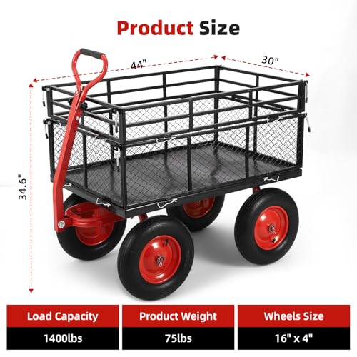 1400 lbs Steel Garden Cart, Heavy Duty Metal Yard Utility Wagon with Removable Mesh Sides, 2-in-1 180° Rotating Handle and 16 inch Wheels, Steel Utility Wagon Perfect for Garden, Farm, Yard - color: Red, size: 1400lbs Utility Wagon