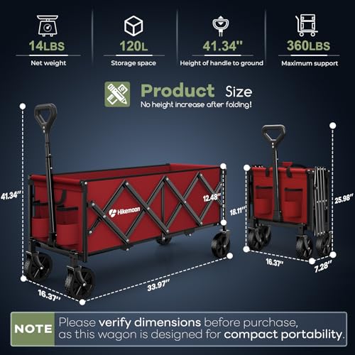 HIKEMOON 34'' Extra Long Folding Portable Wagon Cart, 120L 360LBS Red - color: Burgundy