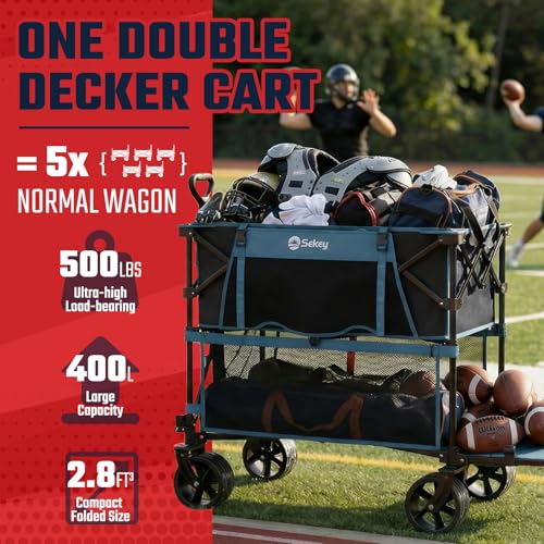 Sekey Double Decker Wagon, 500LBS Heavy Duty Collapsible Utility Cart with 400L Capacity & Extended Lower Shelf, Fits 10x10 Canopy, Foldable Garden Wagon with Big Wheels & Brakes for Sports & Beach - color: Blue