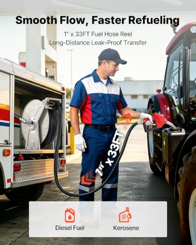 VEVOR Fuel Hose Reel, 1" x 33', Extra Long Retractable Diesel Hose Reel, Heavy-Duty Carbon Steel Construction with Automatic Fuel Nozzle, NBR Rubber Hose for Aircraft Ship Vehicle Tank Truck, 300 PSI - size: 1" x 33'