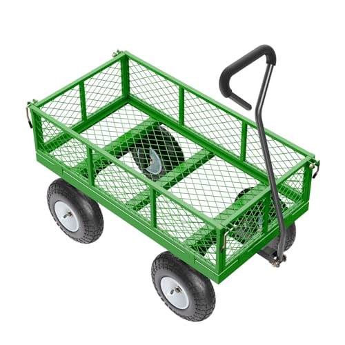 VEVOR 680 Lbs Steel Garden Cart on Wheels, Heavy Duty Garden Wagon Cart Pullable, Metal Outdoor Utility Yard Wagon Carts with 10" Tires, Mesh Removable Sides and 180°Rotating Handle - color: Black+green
