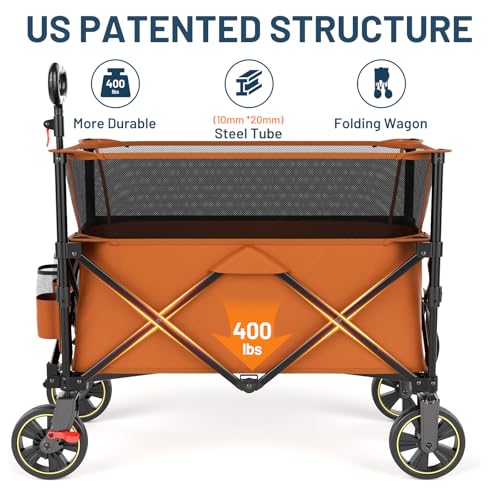 Timber Ridge 350L Extra Large Collapsible Folding Wagon Carts with Brake - color: Orange, size: 350L