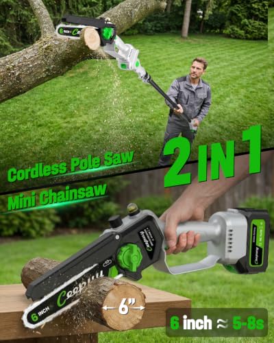 CEEPUY 2-in-1 Brushless Electric Pole Saws for Tree Trimming,6 Inch Cordless Mini Chainsaw with Extension Pole and 2 x 4000mAh Batteries, Pole Chain Saw Gift for Men Dad Husband Fathers Gardener 2026 - size: Warm Gray 6-inch