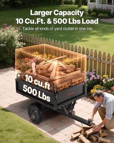 VEVOR 10 Cu.Ft. & 500lbs ATV Trailer Dump Cart Tow Behind, Heavy Duty Utility UTV Trailer, Tow Behind Steel Yard Dump Wagon Cart with 14" Tires for Lawn Mower Tractor - color: Black