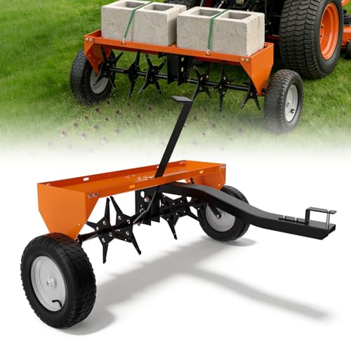 40" Tow Behind Aerator, Pull Behind Lawn Aerator Tool with Universal Hich, 24 Rust-Proof Knives & Heavy-Duty Tires, Plug Aerator for Yard & Garden Compacted Soil, Fits Lawn Tractors, ATV, UTV, Orange - color: Orange, size: 40IN