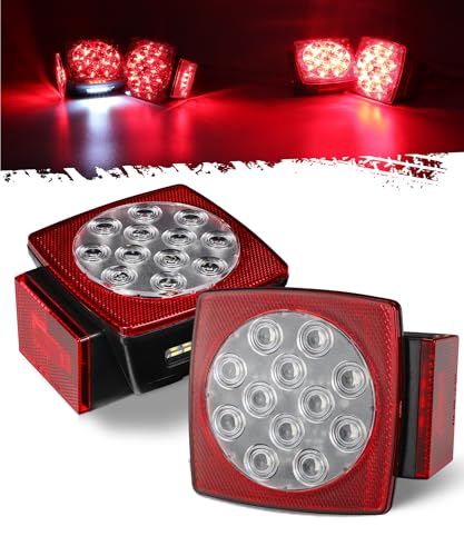 Partsam 12V Submersible Square Led Trailer Lights, Red White LED Stop Turn Tail License Side Marker Running Light Lamp for Trailers Under 80" Boat Trailer Truck, IP68, Red Clear Lens - color: Clear