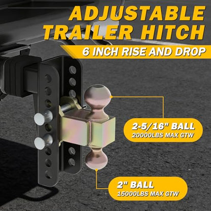 Adjustable Drawbar Trailer Hitch Fit for 2-Inch Receiver with 6" Drop/Rise and Carbon Steel 2" and 2-5/16" Ball Hitches Heavy Duty for Max Towing 20000 LBS - color: Gold&Black-6Inch