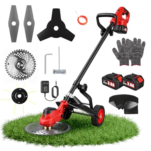 3-in-1 Electric Weed Wacker Cordless, 12″ Brushless Weed Eater Battery Powered with Wheel, 20000 RPM Grass Trimmer/Brush Cutter/String Trimmer, Lawn Mower Edger Weed Trimmer, 6000mAhjong Batteries
