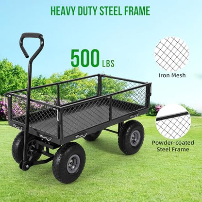 Garvee 500 Lbs Steel Garden Wagon Cart, 10" Tires, Mesh Removable Sides - color: Black