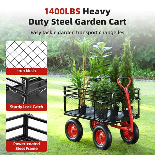 1400 lbs Steel Garden Cart, Heavy Duty Metal Yard Utility Wagon with Removable Mesh Sides, 2-in-1 180° Rotating Handle and 16 inch Wheels, Steel Utility Wagon Perfect for Garden, Farm, Yard - color: Red, size: 1400lbs Utility Wagon