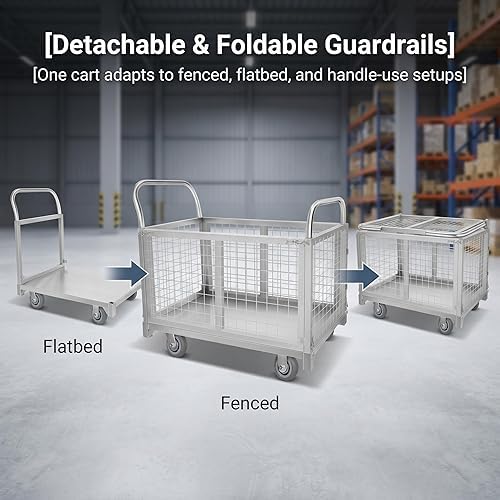 2200 LBS Heavy Duty 4-in-1 Folding Wire Mesh Cage Cart, Steel Platform Truck with Removable Guardrails for Warehouse, Industrial, and Home Use