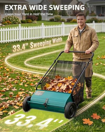 Push Lawn Sweeper, 33.4 in Yard Sweeper with 8 cu ft Bag - color: Green, size: 33.4 in
