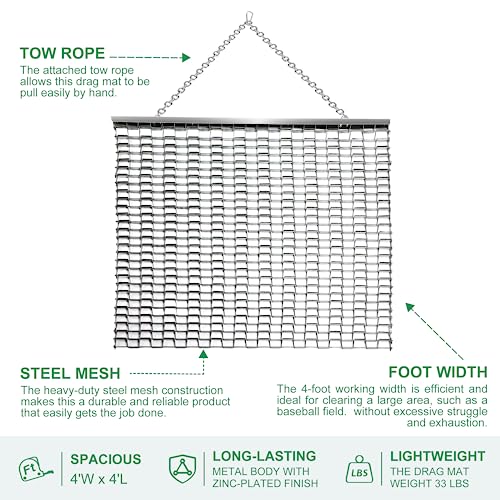 Rengue ATV/UTV 4x4 Feet Baseball Field Drag, Lawn Leveling Steel Mesh Heavy Duty Surface Leveling Mat, Drag Harrow for Gravel, Manual or Vehicle Driveway, Soil Leveling, Farm Garden, Football Field