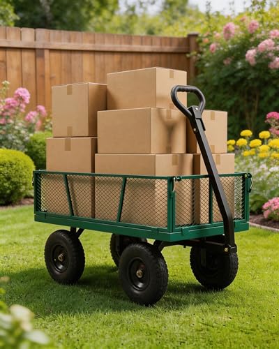 GarveeTech 1200LBS Heavy Duty Steel Garden Cart, Garden Wagon Cart on Wheels, Metal Yard Utility Wagon with Removable Mesh Sides, 13" All Terrain Tires, 180° Rotating Handle for Lawn, Garden, Farm - color: Green