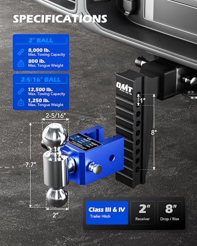 OMT Adjustable Trailer Hitch, 2" Receiver, 8" Drop/Rise 12,500 lb Dual Ball - size: 2" Receiver 8" Drop & Rise
