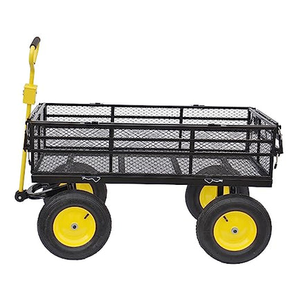 Heavy-Duty Iron Garden Cart Wagon with 1100 lbs Capacity, 15 inch Pneumatic Tires for Firewood, Debris & Outdoor Tasks - 55" L x 24" W x 46.8" H,Yellow & Black - size: 1100 LBS