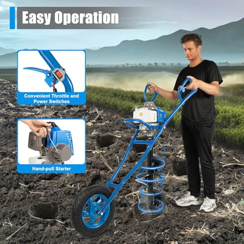 63CC 2-Stroke Hand Push Post Hole Digger with Wheel, 12" Auger Bit - color: 63CC, Blue