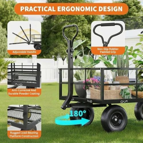  Heavy Duty Steel Garden Cart, 1200 LBS Load Capacity Garden Wagon with 10 inch Tire and 180° Rotating Handle Attach to ATV or Tractor Blac