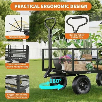 Heavy Duty Steel Garden Cart, 1200 LBS Load Capacity Garden Wagon with 10 inch Tire and 180° Rotating Handle Attach to ATV or Tractor, Yellow