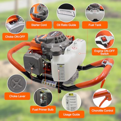 72CC Gas Powered Post Hole Digger with 3 Drill Bits (4", 6", 12") & 2 Ext - style: 72CC+3 auger(4"6"12")+2 Stroke