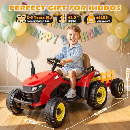 ARBELI 12V 7AH Kids Ride On Tractor w/Trailer & Remote Control, Red - color: Red
