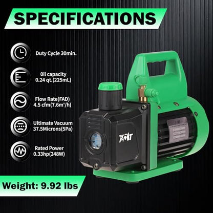 PB Motor Tech 4.5CFM Vacuum Pump with 3-Way Manifold Gauge, Green