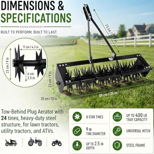 35" Plug Aerator Tow Behind, 400 LBS Tow Behind Spike Lawn Aerator
