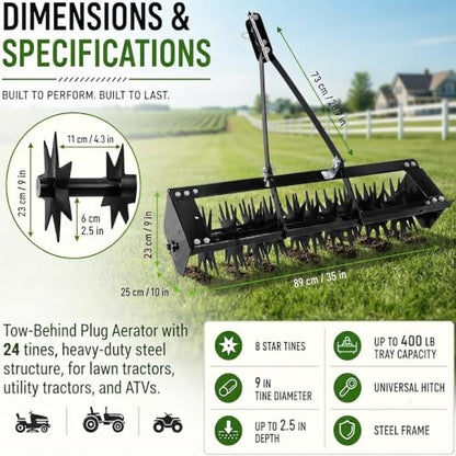 35" Plug Aerator Tow Behind, 400 LBS Tow Behind Spike Lawn Aerator