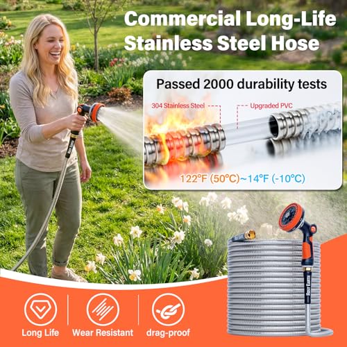 Rosy Earth 200ft Stainless Steel Garden Hose, Heavy Duty Metal Water Hose with 12 Functional Ultra-Wide Nozzle, No-Kink Outdoor Hoses Flexible Tough Water Hose Sprayer for Yard, RV - size: 200FT